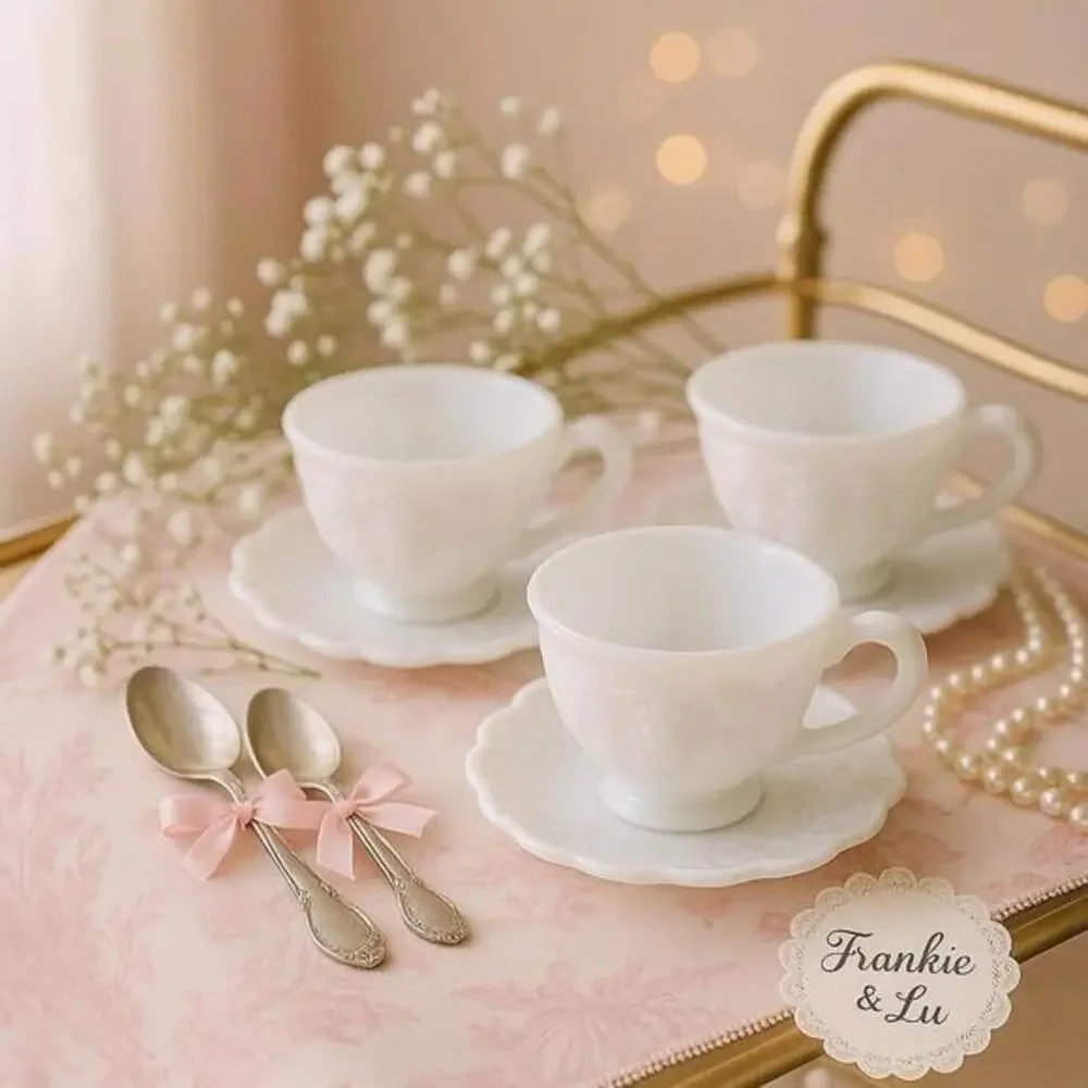 Vintage Milk Glass Teacup & Saucer Set Grapevine Relief Scalloped